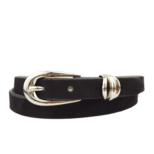 Microfiber Suede Belt w. Classic Skinny Shiny Silver Buckle and Loop