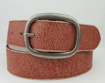 Vintage Distress Red Leather Belt Matte silver buckle