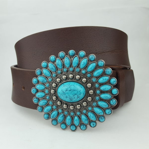 Boucle Western Turquoise avec ceinture en cuir véritable