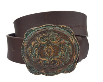 Vintage Brass with Patina buckle in Genuine Leather belt