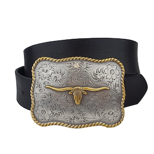 Genuine Leather belt with Western Long Horn Silver/Gold Buckle