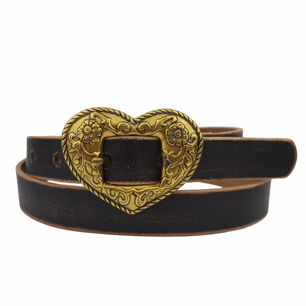 Vintage Distress Skinny Leather Belt with Brass metal finish Heart Buckle