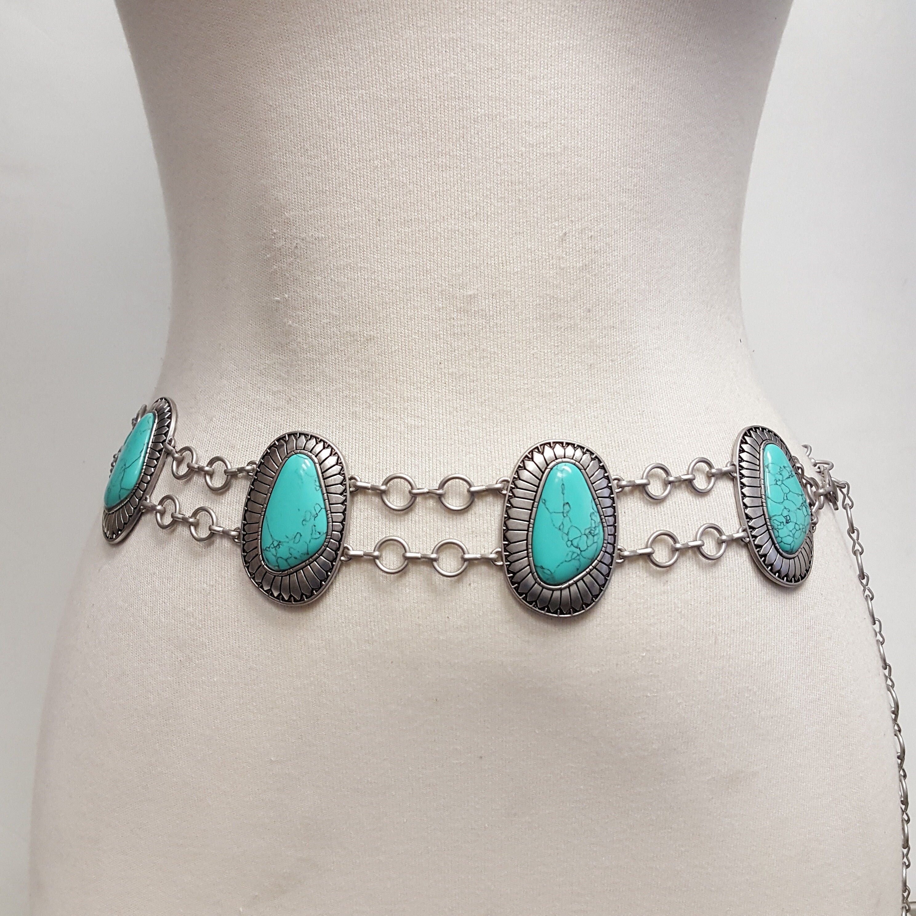 Lorelei  Western Concho Chain Belt ( Silver / Turquoise )