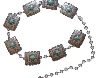 Big and Tall Sizing: Western Silver Turquoise Stone rectangular Concho Chain Belt