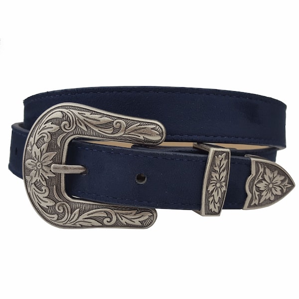 Western Belt in Vegan Suede with Floral Engrave Hardware