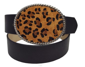 Western Oval Rope Edge Buckle with Leopard Hair on Cow Inlay