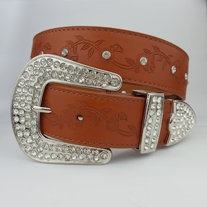 Western-Inspired Crystal Buckle set in a floral tooled Belt