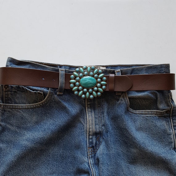 Western Turquoise Buckle With Genuine Leather Belt - Etsy