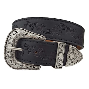 Western Vintage Silver Buckle Set with floral tooled belt