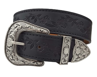 Western Vintage Silver Buckle Set with floral tooled belt