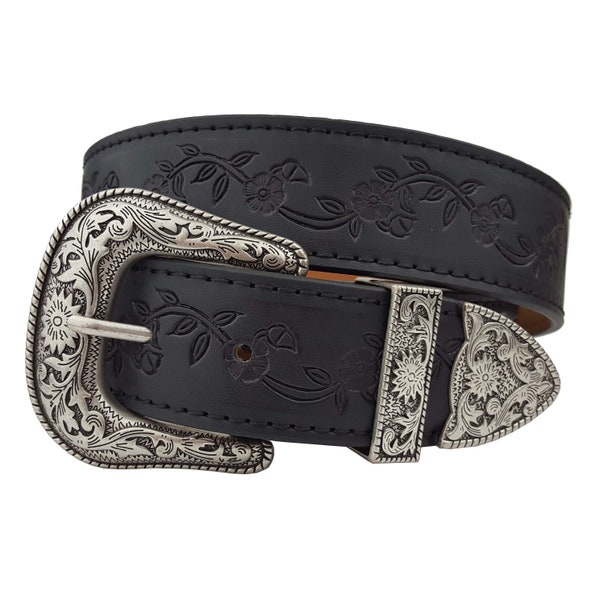 Western Vintage Silver Buckle Set with floral tooled belt