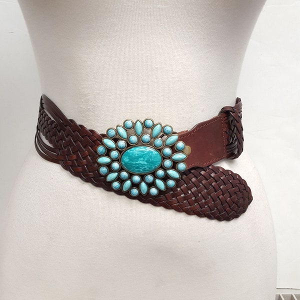 Hand Braided Leather Belt with Turquoise Style Buckle