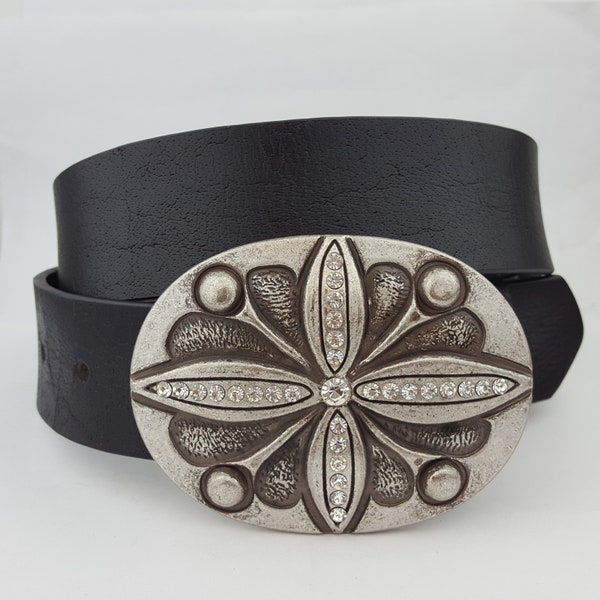 Genuine Leather belt with Western Silver Crystal Oval Buckle