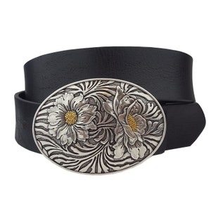 Western Floral Buckle in Genuine Black Leather belt