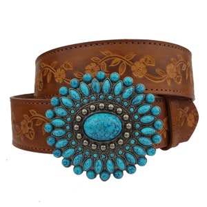 Western Turquoise Buckle with Vintage Hand Painted Tooled Belt
