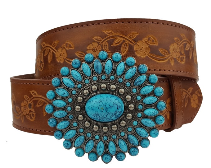 Western Turquoise Buckle with Vintage Hand Painted Tooled Belt