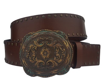 Limited Size: Western Floral Buckle w. Genuine Studded Leather Brown belt