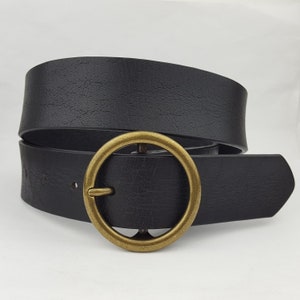 Genuine Leather Belt Strap w. Vintage Brass Finish Round Buckle