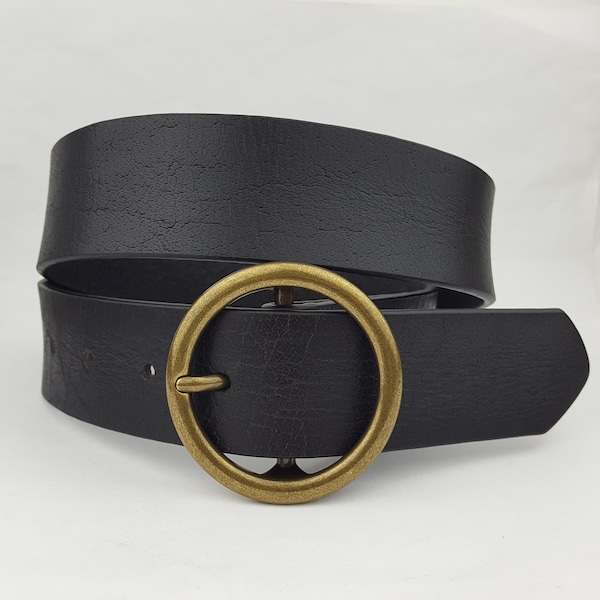 Genuine Leather Belt Strap w. Vintage Brass Finish Round Buckle