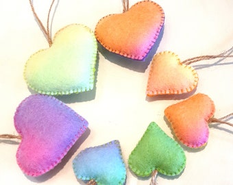 Set of 7 Rainbow Wool-felt Heart Christmas Decorations / Ornaments Waldorf Style [Set no. 1]