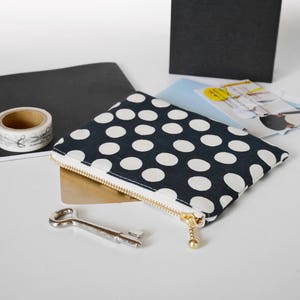 Polka Dot Zipper Pouch: Black and White Cotton Linen Coin Purse