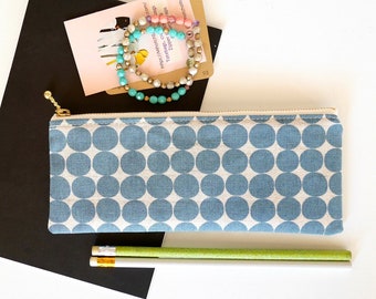 Long zipper pouch, zipper pencil pouch, cool pencil case, polka dot blue gray