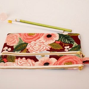 Zippered wristlet purse, wristlet bag, double zipper pouch, Rifle paper co burgundy