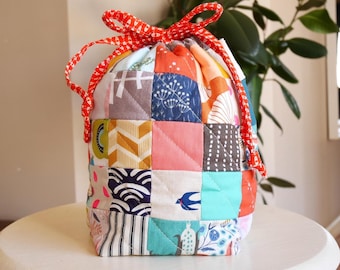 Patchwork Drawstring Knitting Project Bag: Handmade Yarn Bag
