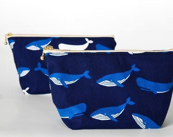 Canvas zipper pouch, gift for surfer, navy Makeup pouch, cosmetic pouch, whale print