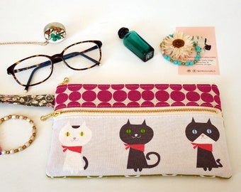 Double zipper pouch, zippered wristlet, wristlet pouch, cat clutch bag, phone clutch bag, gift for cat lady