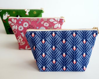 Blue cosmetic pouch, makeup bag, medium zipper pouch, make up pouch