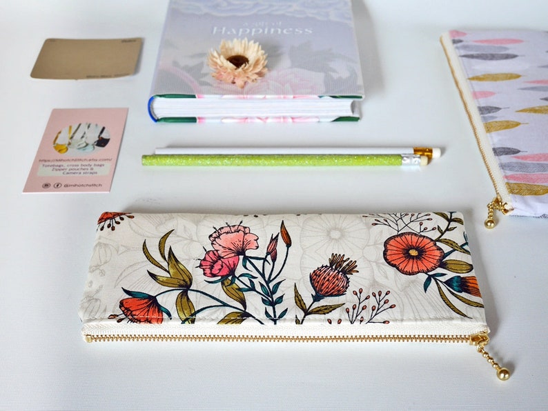 gift for her Cute pencil pouch single epipen pouch zipper pencil case long zipper bag flower zipper pouch