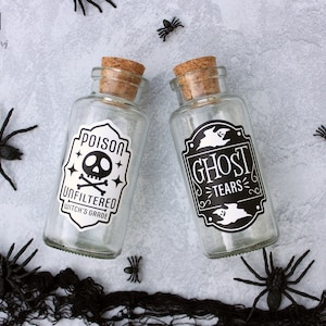Poison glass bottles, Vintage Potion, Apothecary, Halloween Decoration, Party favor, Tiered tray, Witch&#39;s brew, ghost tears, Glass with cork