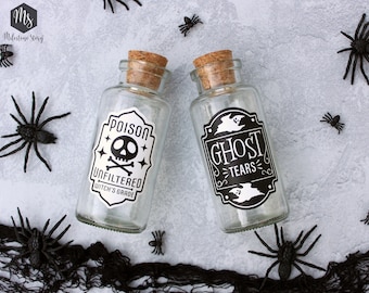 Poison glass bottles, Vintage Potion, Apothecary, Halloween Decoration, Party favor, Tiered tray, Witch's brew, ghost tears, Glass with cork