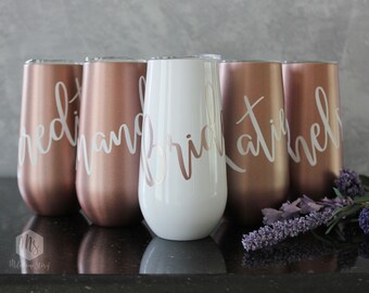 DISPLAY LIST personalized champagne flutes, bridesmaid gifts, stemless cups, Insulated stainless, wine glasses, tumbler,  bachelorette party