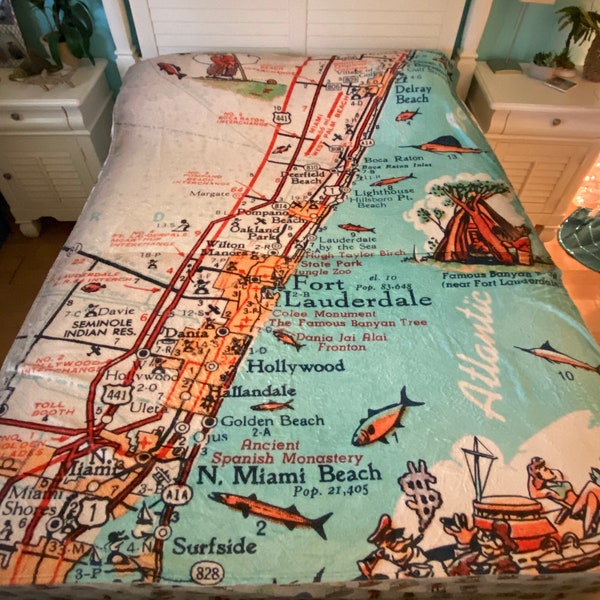 Retro beach map Blanket Fort Lauderdale Hollywood Deerfield beach Boca Raton vintage turquoise Florida East Coast