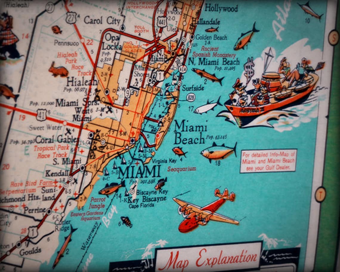 Miami Beach Key Biscayne Retro Beach Map Print Funky Vintage Etsy