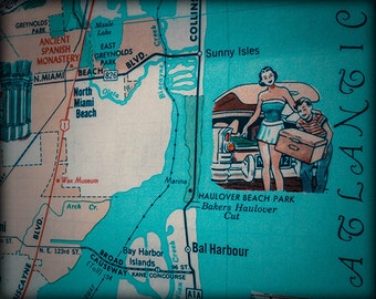 North Miami beach Bal Harbour Sunny Isles Haulover Beach retro beach map print funky vintage Aqua photo of Florida East Coast
