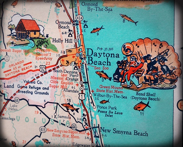 Daytona Beach New Smyrna Beach Ormond Beach Retro Map Print Etsy