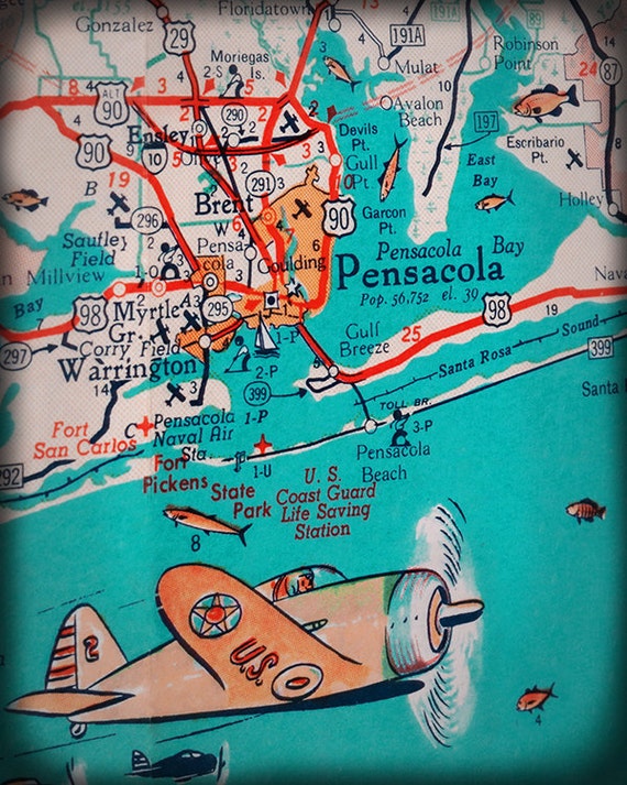 Map Of Pensacola And Surrounding Areas Florida Panhandle Pensacola Beach Retro Map Print Funky | Etsy Uk