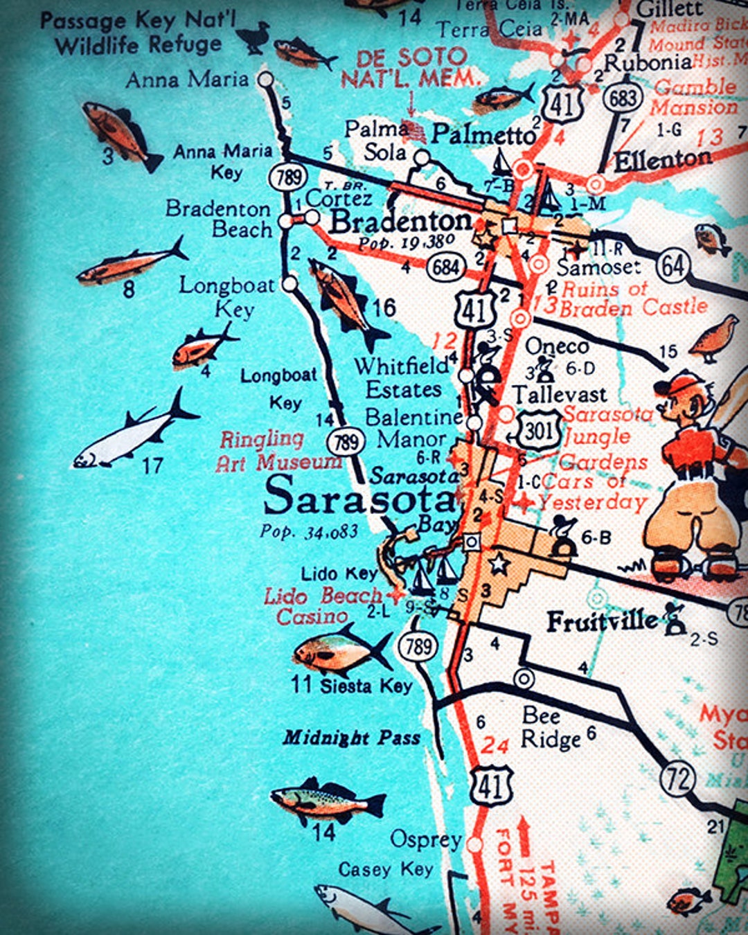 Impresión de mapa retro de la playa de Sarasota-Bradenton, foto turquesa  vintage y moderna de la costa oeste de Florida. - Etsy México, image size:1080x1350