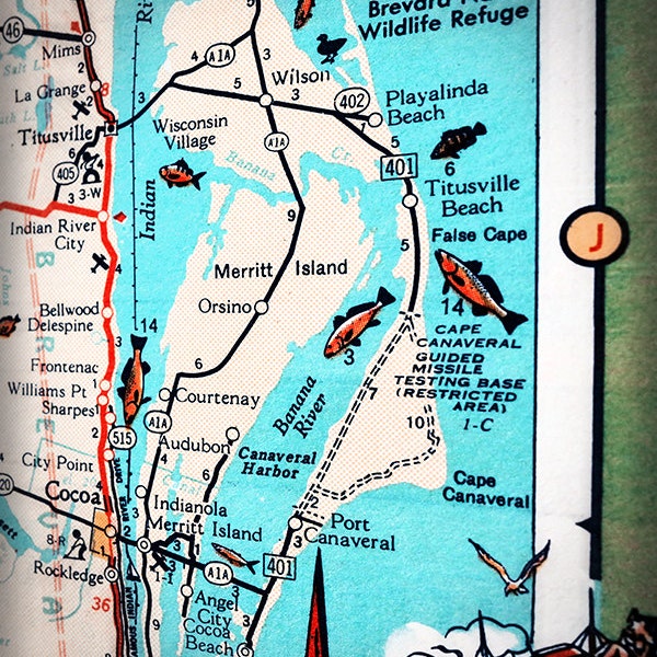 Merritt Island Cape Canaveral Titusville retro beach map print funky vintage turquoise photo of Florida East Coast