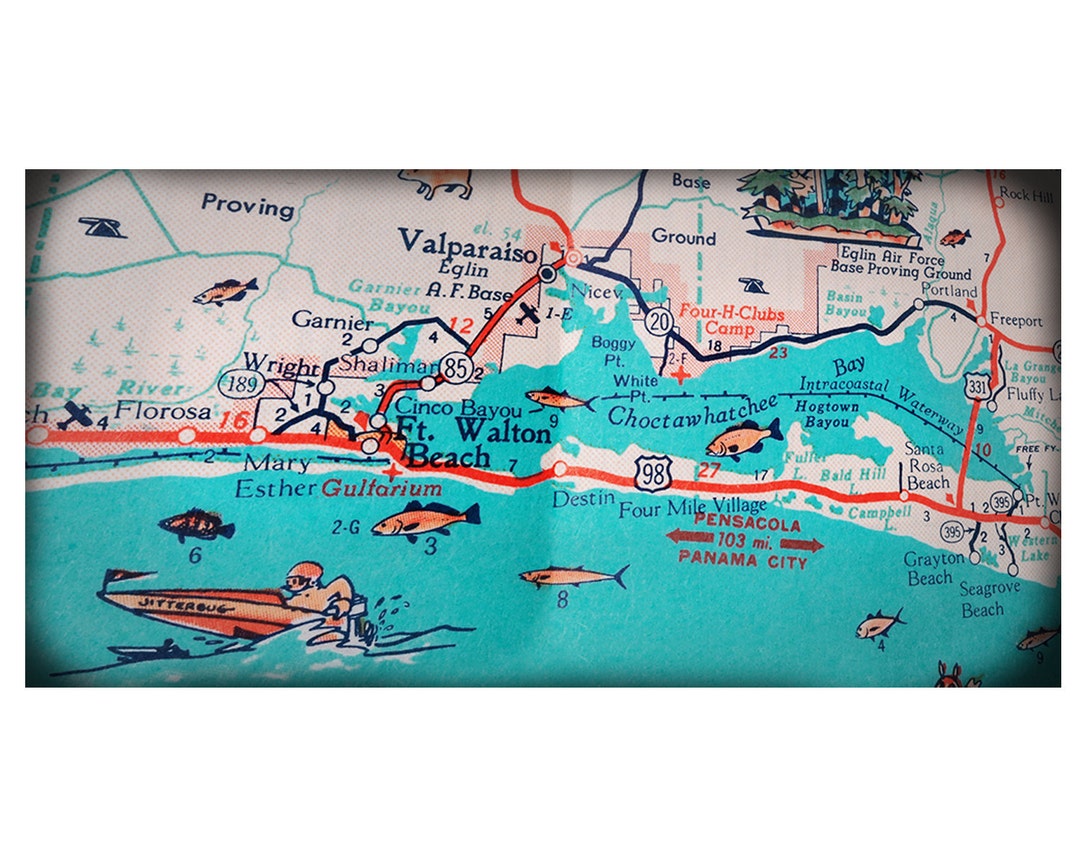 Ft Walton Beach Destin Retro Beach Map Panoramic Print Funky Vintage Il 11ds 