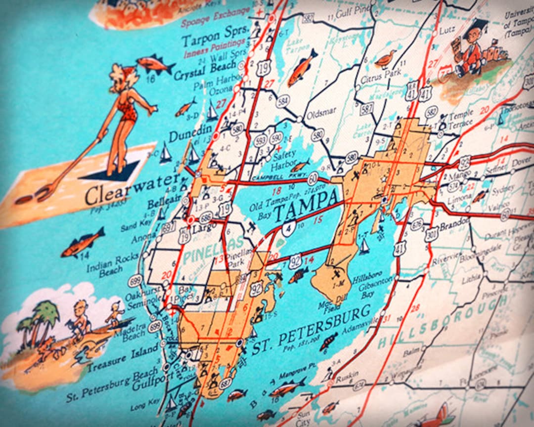 Tampa Clearwater St Petersburg Beach Retro Beach Map Print Funky Vintage  Turquoise Photo of Florida West Coast - Etsy, image size:1080x864