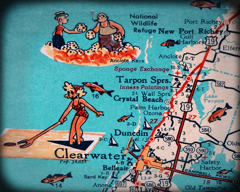 Fine art Map print Tarpon Springs Clearwater beach retro Etsy