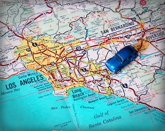 Los Angeles Long Beach Laguna retro beach map print funky vintage turquoise photo of California Pacific coast Highway 1 retro car LA