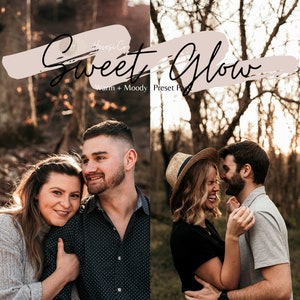 May include: A couple is embracing in a wooded area. The man is wearing a gray shirt and the woman is wearing a black shirt and a brown skirt. The image is titled "Sweet Glow Warm + Moody Preset Pack".