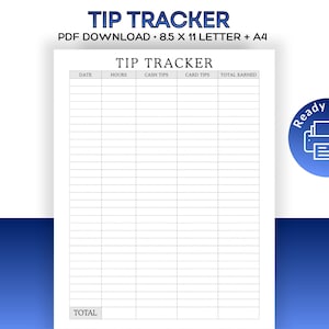 Registro de propinas / PDF imprimible / Seguimiento de turnos mensuales