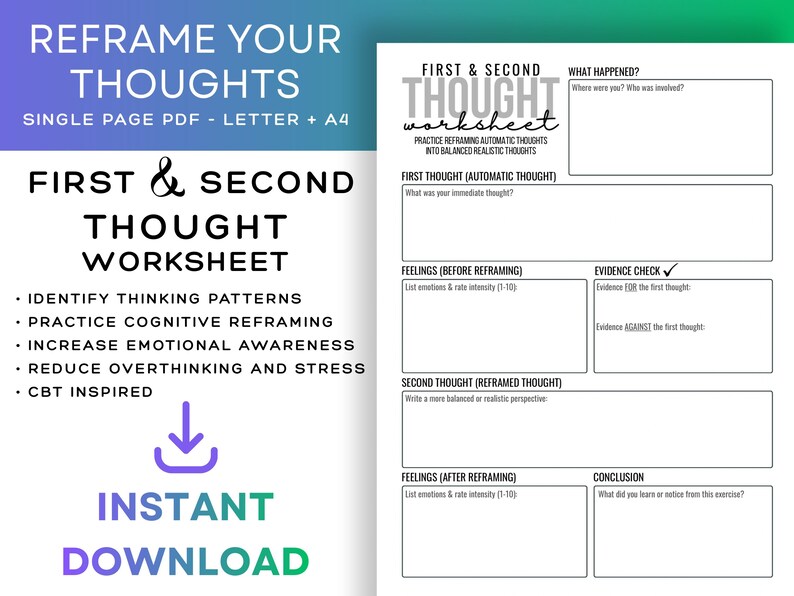 First & Second Thought Cognitive Reframing Worksheet | Printable PDF ...