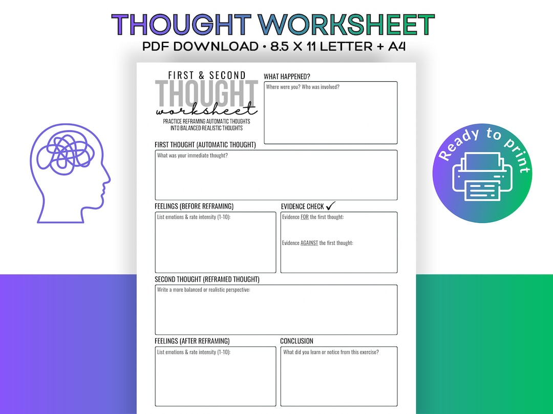 First & Second Thought Cognitive Reframing Worksheet | Printable PDF ...